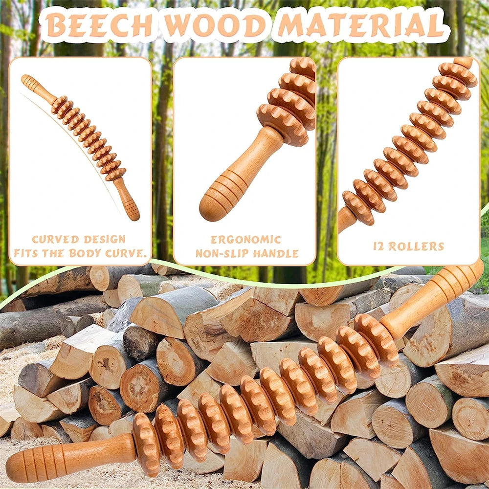 Natural Curved Wooden Massage Roller for Waist and Thigh, Multi-Functional Body Roller for Cellulite Reduction & Muscle Tension