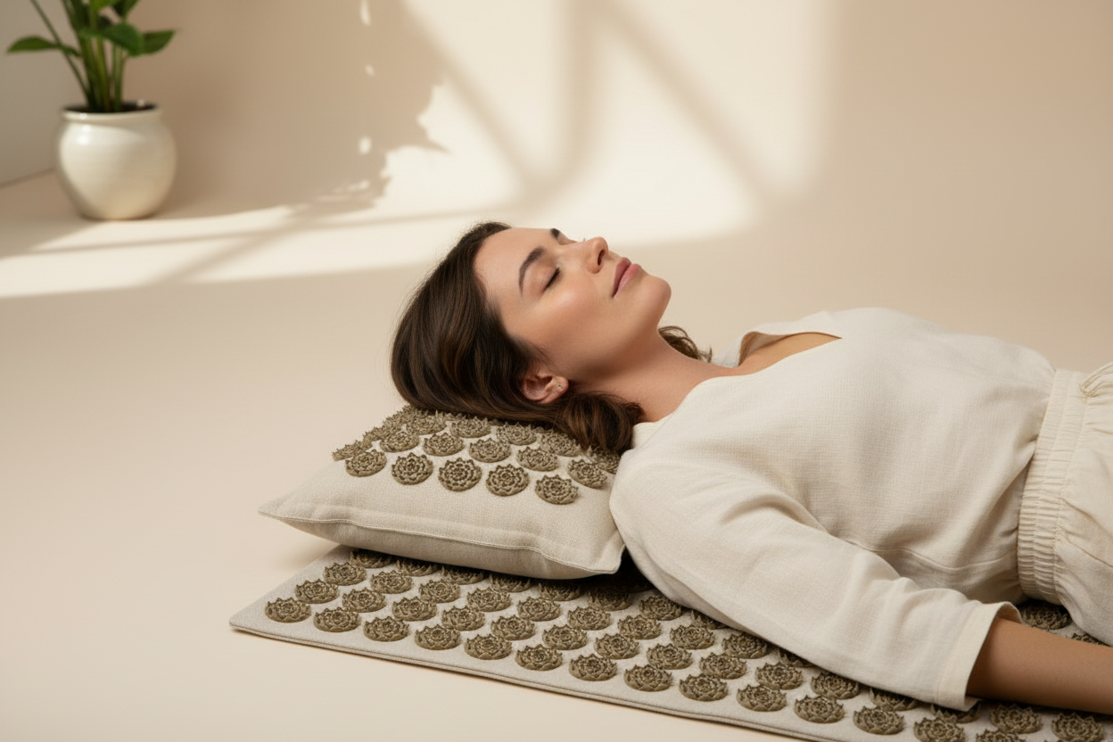 Person Relaxing on Acupressure Mat and Pillow